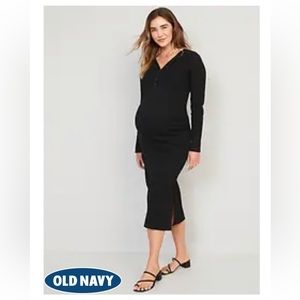 Maternity Long-Sleeve Rib-Knit Henley Midi Dress